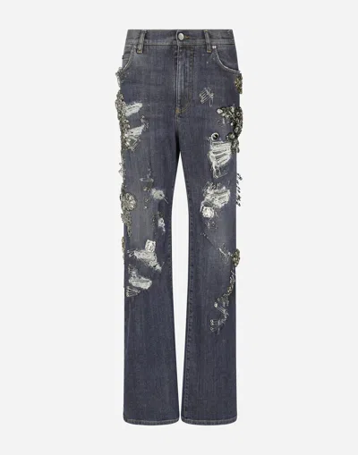 Dolce & Gabbana Denim Jeans With Ripped Details And Appliqués In Multicolor