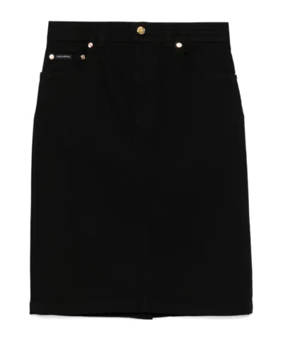 DOLCE & GABBANA DOLCE  GABBANA LOGO PLAQUE DENIM MIDI SKIRT