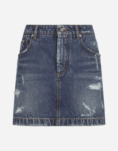 DOLCE & GABBANA DENIM MINI SKIRT WITH RIPS