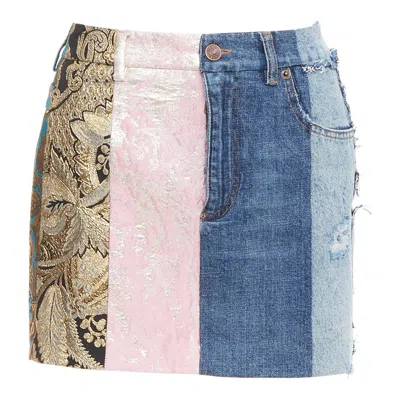 Pre-owned Dolce & Gabbana Dolce Gabbana Denim Minirock Gold Blue Jacquard Patchwork Mini Skirt It38 Xs