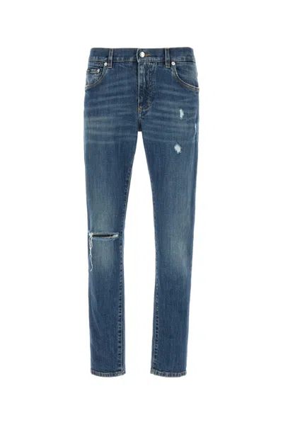 Dolce & Gabbana Slim-fit Stretch Cotton Jeans With Logo Embroidery In Blue
