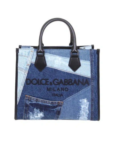 Dolce & Gabbana Denim Patch Shopping Bag In Blue