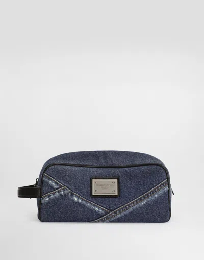 Dolce & Gabbana Denim Patchwork Necessaire In Purple