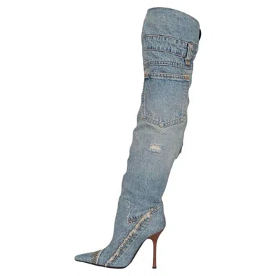 Pre-owned Dolce & Gabbana Denim Pointed Stiletto Boots - Size 36.5 In Gray