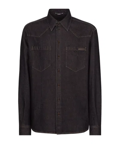 DOLCE & GABBANA DOLCE  GABBANA LOGO PATCH DENIM SHIRT