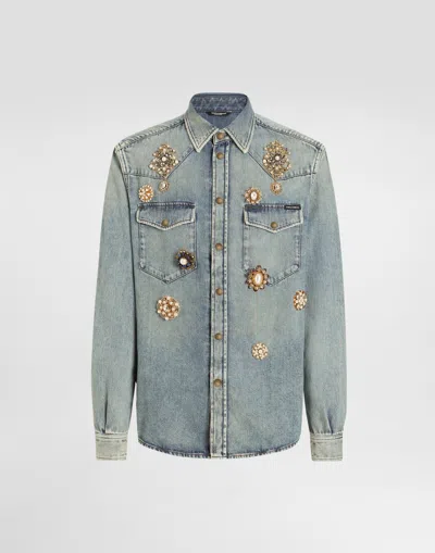 Dolce & Gabbana Denim Shirt With Bejeweled Appliqués In Multicolor