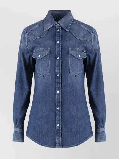 Dolce & Gabbana Denim Shirt With Chest Pockets And Contrast Stitching In Navy
