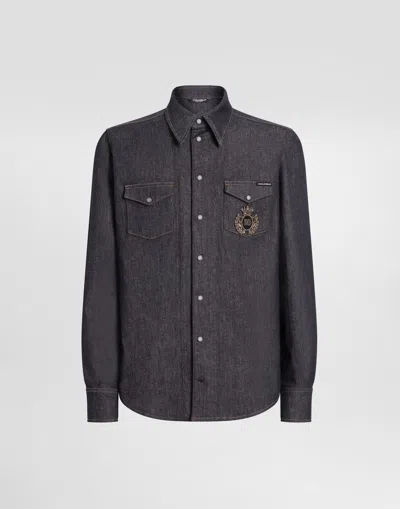 Dolce & Gabbana Denim Shirt With Heraldic Emblem In Multicolor