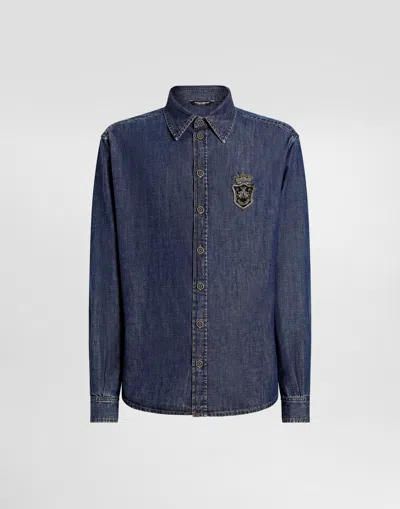 Dolce & Gabbana Denim Shirt With Heraldic Emblem In Multicolor