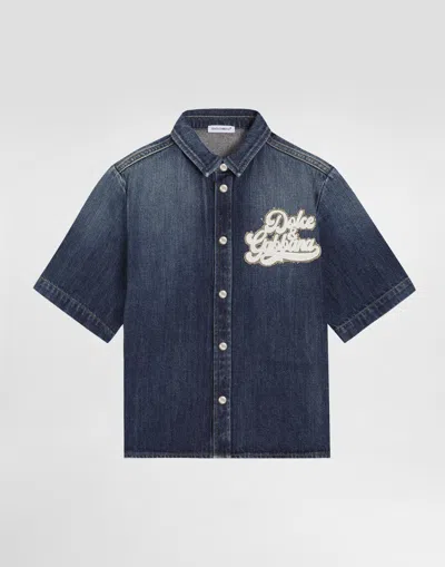 Dolce & Gabbana Kids' Camicia In Denim Con Patch In Blue