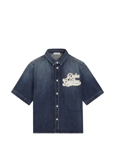 Dolce & Gabbana Denim Shirt With Patch In Blue