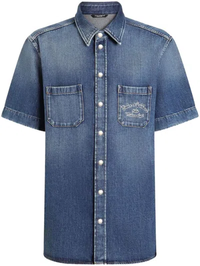 Dolce & Gabbana Denim Short-sleeved Shirt With Press-stud Fastening In Blue