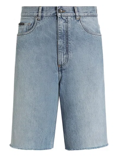 Dolce & Gabbana Blue Five-pocket Bermuda Shorts With Logo Patch On The Back In Denim Man