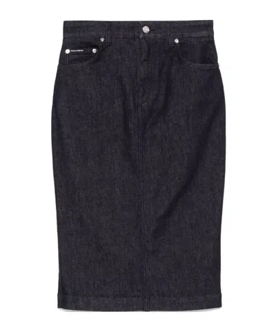 DOLCE & GABBANA DOLCE  GABBANA LOGO PLAQUE DENIM MIDI SKIRT