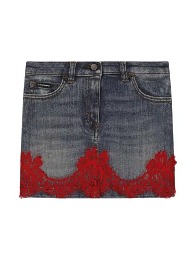 Dolce & Gabbana Kids' Lace-trim Denim Skirt In Blue