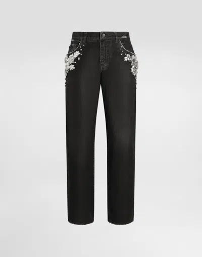 Dolce & Gabbana Embroidered Crystal-embellished Jeans In Black