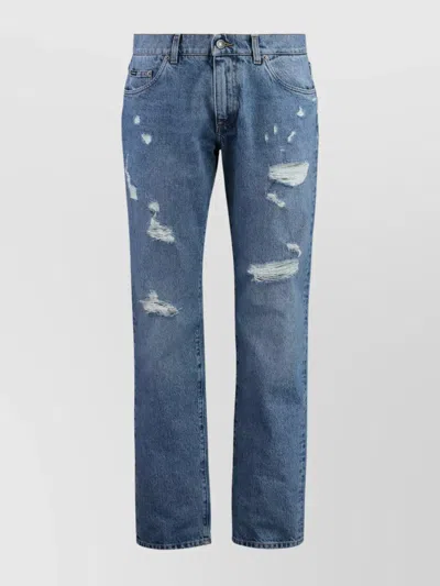 Dolce & Gabbana Denim Trousers With Belt Loops And Distressed Style In Blue