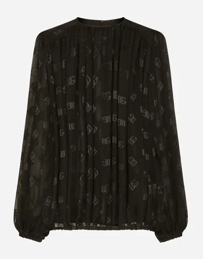 DOLCE & GABBANA DEVORÉ SATIN BLOUSE WITH ALL-OVER DG LOGO