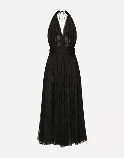 DOLCE & GABBANA DÉVORÉ SATIN CALF-LENGTH DRESS WITH ALL-OVER DG LOGO