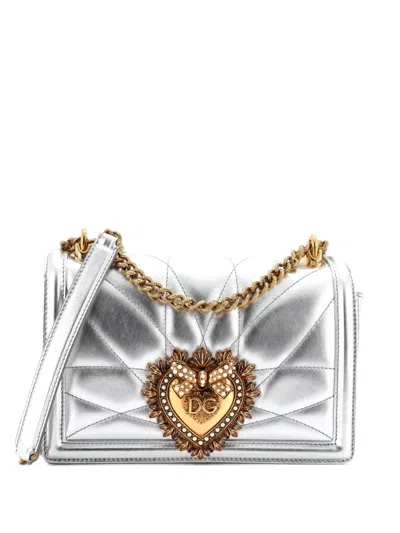 Pre-owned Dolce & Gabbana Devotion Full Flap Shoulder Bag Quilted Leather Small Crossbody Bag In Metallic