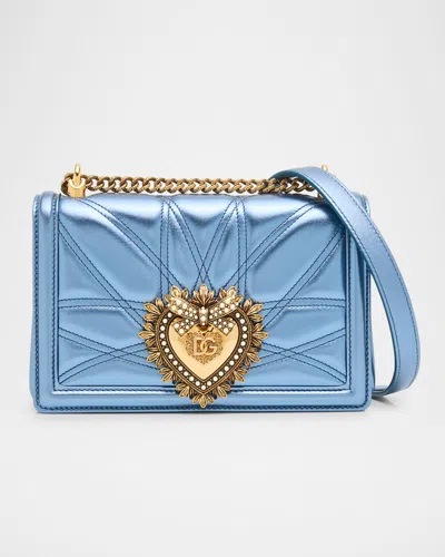 Dolce & Gabbana Devotion Medium Quilted Metallic Chain Shoulder Bag In 8h633 Blu Chiaro Laminato