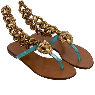 Pre-owned Dolce & Gabbana Devotion Pearl Heart Chain Sandals Shoes Infradito Blue Gold In White