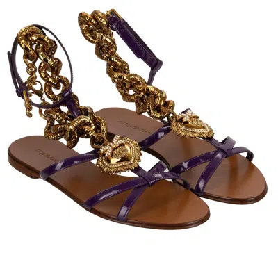 Pre-owned Dolce & Gabbana Devotion Pearl Heart Leather Sandals Bianca Chain Purple 13704 In White