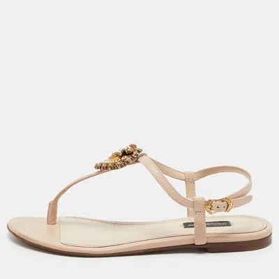 Pre-owned Dolce & Gabbana Devotion Size 36 Beige Leather Thong Sandals
