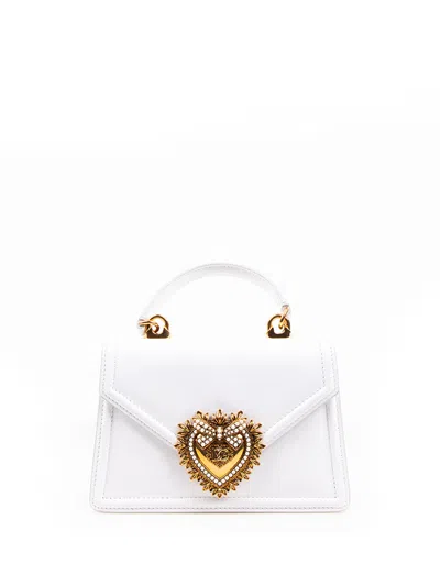 Dolce & Gabbana Small Devotion Metallic Leather Top Handle Bag In Bianco Ottico