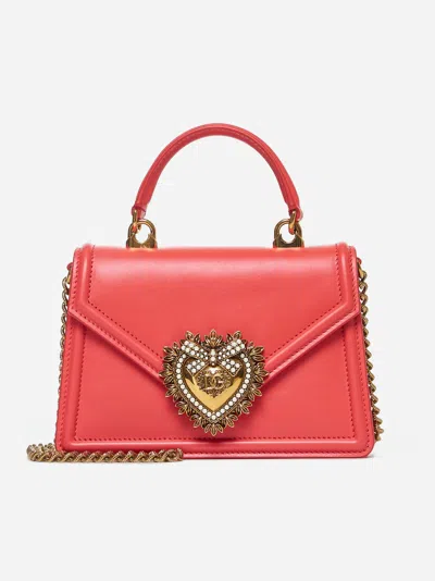 Dolce & Gabbana Small Devotion Handbag In Coral Leather In Orange