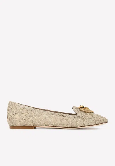 Dolce & Gabbana Beige Lace Crystal Ballet Flats Loafers Shoes