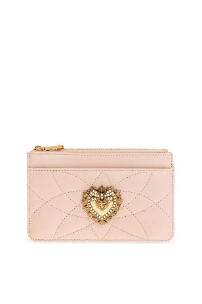 Dolce & Gabbana Devotion Quilted Leather Card Holder In Pink