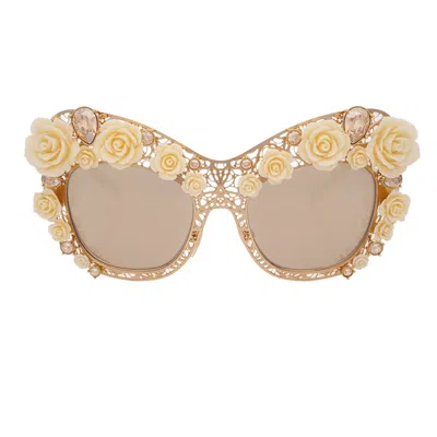 Pre-owned Dolce & Gabbana Dg 2160 Filigree Crystal Rose Metal Sunglasses Gold White 12745