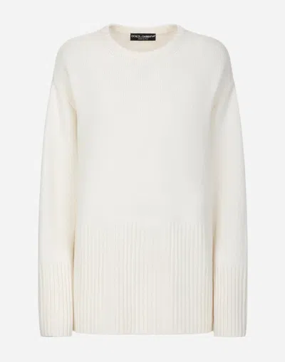 Dolce & Gabbana Cashmere Sweater With Dg Logo Embroidery In Bianco Naturale