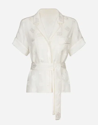 Dolce & Gabbana Short-sleeved Silk Satin Jacquard Pajama Shirt With Dg Logo In White