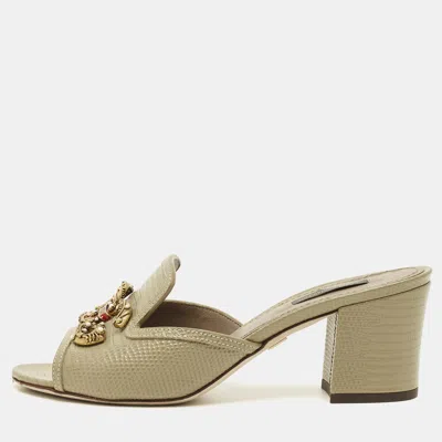 Pre-owned Dolce & Gabbana Dg Amore Size 38.5 Green Lizard Embossed Leather Slide Sandals