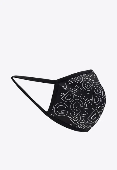 Dolce & Gabbana Dg And Heart Print Poplin Face Mask In Black