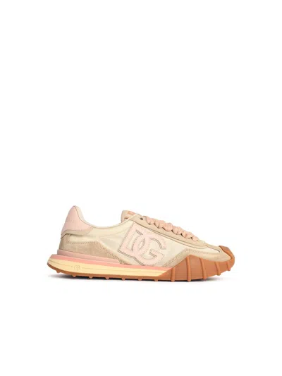 Dolce & Gabbana Dg Athletic Sneakers In Ivory And Pink Fabric And Leather In Multi