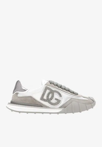Dolce & Gabbana Sneakers In Nylon E Suede Con Logo Dg Con Strass In Gray