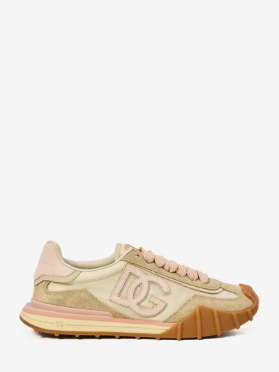 Dolce & Gabbana Dg Athletic Sneakers In Ivory And Pink Fabric And Leather In Multi