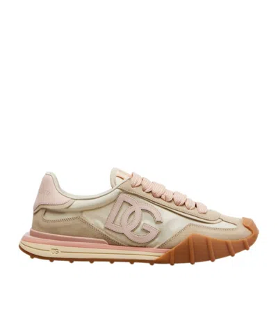 Dolce & Gabbana Dg Athletic Sneakers In Ivory And Pink Fabric And Leather In Multi