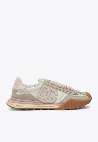 Dolce & Gabbana Dg Athletic Sneakers In Ivory And Pink Fabric And Leather In Multi