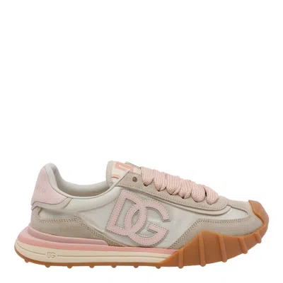 Dolce & Gabbana Dg Athletic Sneakers In Ivory And Pink Fabric And Leather In Multi