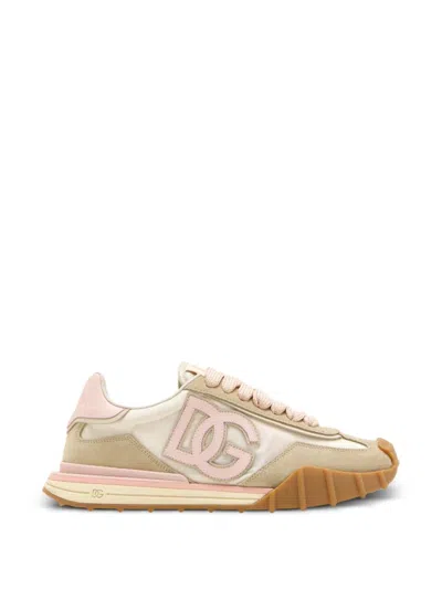 Dolce & Gabbana Dg Athletic Sneakers In Ivory And Pink Fabric And Leather In Multi