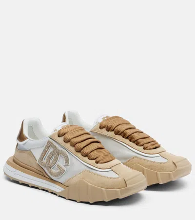 Dolce & Gabbana Nylon And Suede Sneakers With Rhinestone Dg Logo In Brown