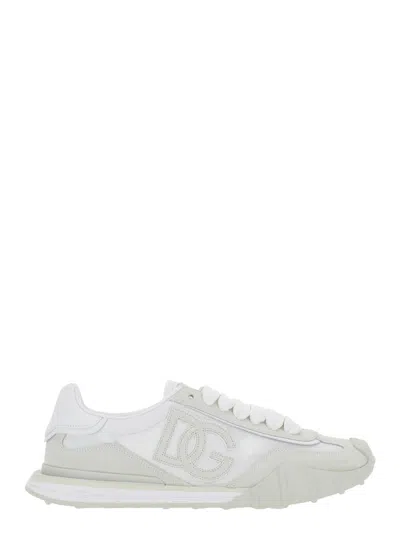 Dolce & Gabbana Dg Athletic White Low Top Sneakers With Logo Patch On The Tongue And Maxi Logo On The Side In Suede 