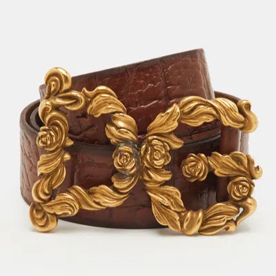 Pre-owned Dolce & Gabbana Dg Baroque Logo 95cm Belt Brown Leather