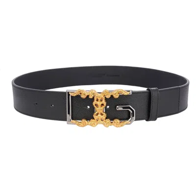 Pre-owned Dolce & Gabbana Dg Baroque Logo Leather Belt Black Gold Silver 85 34 13754