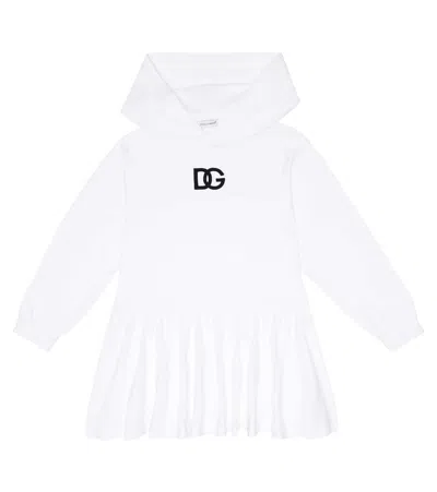 Dolce & Gabbana Kids' Dg Cotton-blend Hooded Dress In Bianco Ottico