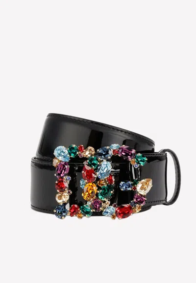 Dolce & Gabbana Dg Crystal Belt In Patent Leather In Black
